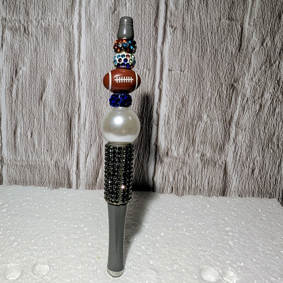 2 Beaded Pens - Gold and Pink Beaded Pen And Gray Football Themed Pen - Picture 2 of 4